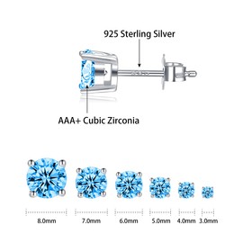 925 Sterling Silver Cubic Zirconia Stud Earrings 3mm-8mm Options, Simulated Diamond CZ Studs Hypoallergenic (Silver-Blue Zirconia, 8mm)