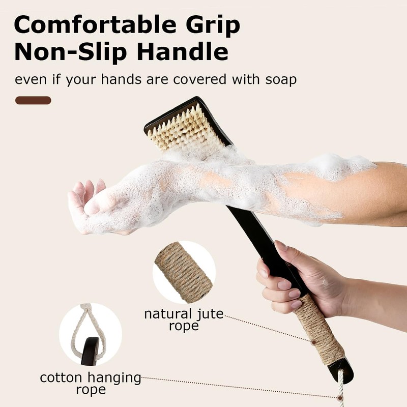 Shower Back Scrubber with Curved Long Handle Medium-Hard Natural Boar