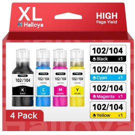Halloya 102 104 Ink Compatible with Epson 102 Ink or 104 Ink for Epson EcoTank ET-2700 ET-2710 ET-2720 ET-2750 ET-3750 ET-2850 ET-4700 ET-2820 ET-2726 ET-4750 ET-15000 (Black Cyan Magenta Yellow)
