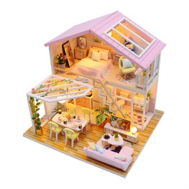 DIY Miniature House Kit, Tiny House Kit with Furniture & LED, DIY Wooden Dollhouse Miniature Kit for Adults Teen, Wooden Crafts Lovely Dollhouse Kit, Home Decor - Sweet Time