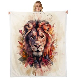 Feelyou Lion Fleece Throw Blanket Throw 50"x60" Animal Plush Blanket for Bed Sofa Couch Flower and Plants Sherpa Blanket Wildlife Fuzzy Blanket Beige Orange Flannal Blanket