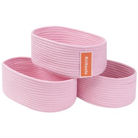 Kriitools Cute Baskets for Shelf Storage Small Woven Basket to Store and Organize Daily Items/Durable Rope Basket for Living Room, Bedroom,Playroom/Oval-13x8.66x5.11’’,Stylish 3 Packs Pink