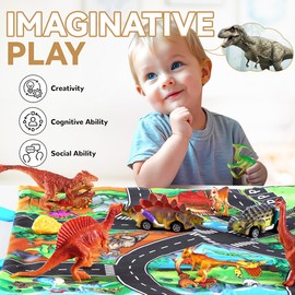 HahaGift Dinosaur Toys for Boys Age 2 3 4-25PCS Realistic Dinosaur Figures & Cars with Playmat/Storage Bag - Kids Toys Dinosaur Games for 2 3 4 5 Year Old Boys Girls Birthday Gifts Presents