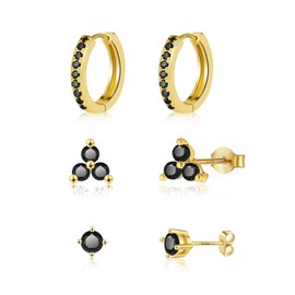 Gokeey Gold Black Stud Earrings Set for Women Dainty Cartilage Tragus Piercing Studs Hypoallergenic S925 Sterling Silver Post for Sensitive Ears Cute Gold CZ Hoops Set Jewelry