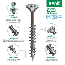 SPAX Universal Screw, 4.5 x 50 mm, Pack of 90, Partially Threaded, Countersunk Head, T-Star Plus T20, 4CUT, Rustproof Stainless Steel A2-8000000276521