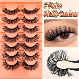 7 Pairs of 3D False Eyelashes, Cat Eye, Fluffy Volume, Curly, Cat-Eye, Artificial Eyelashes, Natural Look, Reusable, Handmade Faux Mink Makeup Eyelashes (7C-E14)
