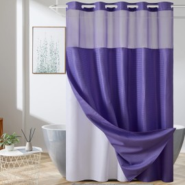 Furlinic Purple Small Stall No Hook Shower Curtain with Snap in Liner,Waffle Weave Heavy Duty Fabric Waterproof Bathroom Curtains,Washable Shower Curtain Set with See Through Window 36x72 Inch