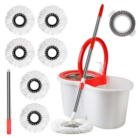 Spin Mop and Bucket with Wringer Set, 360°Spinning Mop Bucket System with Floor Scrub Brush 6 Microfiber Mop and Adjustable Long Handle for Floor Cleaning Dry and Wet Use