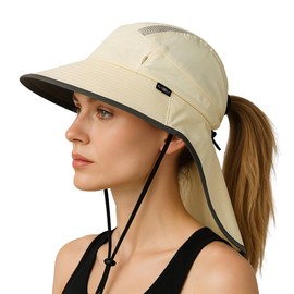 TOP-EX L/XL Ponytail Sunhat for Women with Neck Cover Sunglass Lock Wide Brim Sun Hats Women Summer Fishing Waterproof Golf Camping Hats Packable Grey Small Medium
