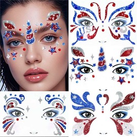 Boko 4th of July Face Stickers, 4Pcs Red White Blue Independence Day Temporary Tattoos for Patriotic Glitter Makeup, Self Adhesive Art Sticker Face Tattoos for Memorial Day Veterans Day Flag Party
