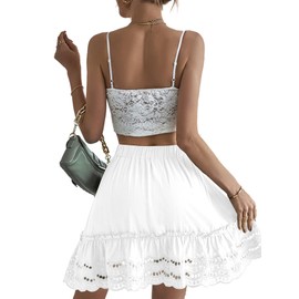 LYANER Women's Elastic Waist Contrast Lace Knot Scallop Hem Swing A-line Mini Skirt White Medium