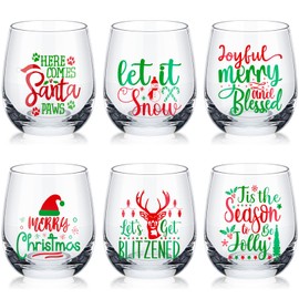 Pickmesh 6 Pcs Christmas Wine Glass 12oz Xmas Stemless Wine Glass Funny Christmas Themed Red Wine Glass Cups Merry Christmas Party Gifts for Women Men Family Friends
