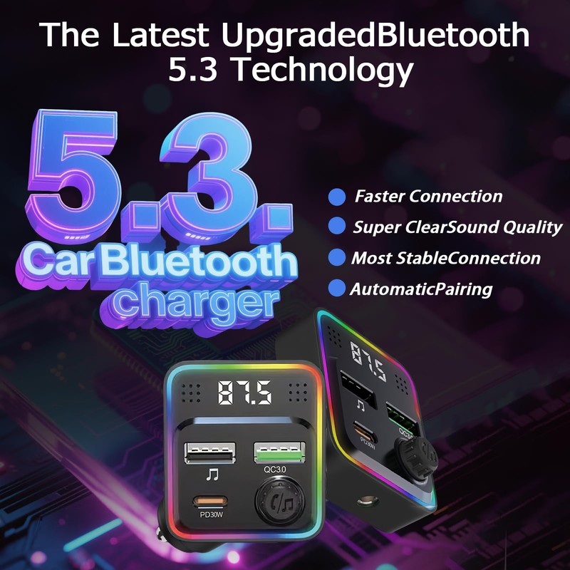 Bluetooth 5.3 FM Transmitter Car Adapter Wireless Radio Music Adapter
