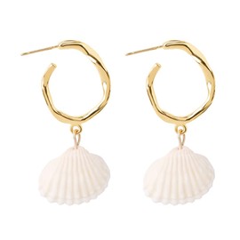 AMOR SPES White Natural Sea Shell Gold Pearl Drop Earrings Dangle Earrings for Women Beach Jewelry (E)