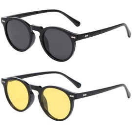 MUNSADE Vintage Polarized Sunglasses for Men Women Stylish Retro Round Sun Glasses UV Protection ((2 Pack) Black/Grey+Black/Yellow)