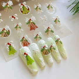 Christmas Nail Stickers Decals Christmas Nail Art Stickers Winter Christmas Tree Christmas Garland Bells Bow Design 5D Embossed Nail Decals Manicure Supplies for Holiday Nail Art Decorations