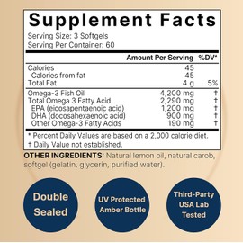 Omega 3 Fish Oil 4,200mg, 180 Burpless Softgels, Highly Purified EPA 1,200mg & DHA 900mg | Lemon Flavored | Premium Wild Caught Fish from Deep Sea – Heart & Brain Support – Mercury Free & Non-GMO