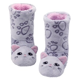 Panda Bros Slipper Socks for Women Cozy Warm Lined Fuzzy Sock Slippers Indoor Booties with Non Slip Grippers(Gray Cat,5-7.5)