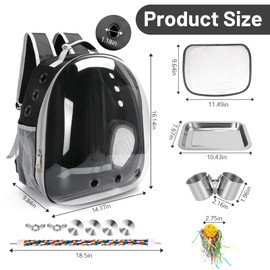 Bird Backpack Carrier, Travel Bird Cage for Small Medium Size Parrot Parakeet Budgies Cockatiel, Portable Clear Bubble Window Bag with Stainless Steel Tray Food Bolw Standing Perch (Black)