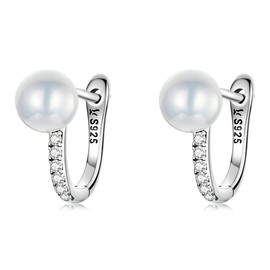 Kerraom Silver Hoop Earrings with Pearls Earrings Small Hoop Earrings Pearl Earrings Sterling Silver 925 Freshwater Pearl Stud Earrings Cubic Zirconia Women's Earrings Pearl Earrings Gifts for Women