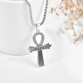 PRAYMOS Ankh Chain 925 Sterling Silver Eye of Horus Pendant Necklace Egyptian Cross Rreligious Protection Jewellery Gift for Men (B01-Ankh), Sterling Silver