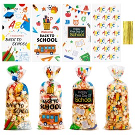 120 PCS Back to School Treat Bags, Back to School Gift Bags, Happy First Day of School Cellophane Bag, Plastic School Candy Goodie Cookie Bag with Twist Ties for Back to School Party Favor Supplies
