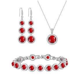 LMXXVJ Created Red Ruby Stone Jewelry Set for Women,Platinum Plated Necklace Earrings Bracelet Costume Jewelry Set