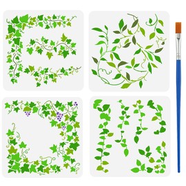 FINGERINSPIRE 4PCS Ivy Vines Stencils 30x30cm with Bamboo Brush Reusable Ivy Leaves Templates Large Vines Leaf Pattern Border Stencils Plant Theme Templates for Home Wall Furniture Decoration
