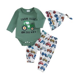 Mesalynch Baby Boy Fall Spring Outfit Newborn Infant Tractor Print Long Sleeve Romper Elastic Trouser Hat Set Clothes (Green Tractor, 9-12 Months)