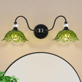 sunkryster Black Bathroom Vanity Light, 2-Light Vanity Light with Floral Green Glass Shades,Vintage Farmhouse Wall Mount Lighting for Bathroom, Dressing Table