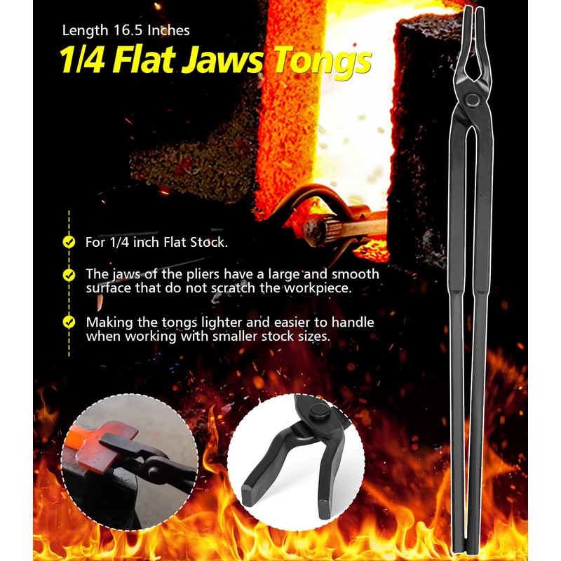 Yoursme Beginner Blacksmith Tongs Set: 1/4 Flat Jaw, Pick Up,