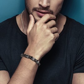 COOLSTEELANDBEYOND Stainless Steel Blackened Old Metal Finishing, Skulls Link Chain Bracelet for Man