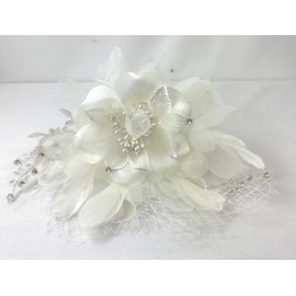 Skelapparel Victorian Vintage Bridal Flower White Feather Lace Net Fascinator with Pearl Headband