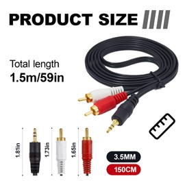 1 pcs 1.5m RCA to 3.5mm Aux Cable - phono to 3.5mm jack-Phono Mini Jack Stereo Lead-Premium Gold-Plated Phono to Jack Adapter，Suitable for high-fidelity amplifiers and speakers, etc. (red white black)