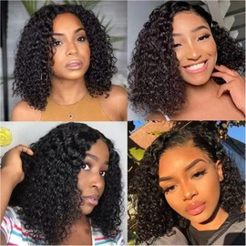XIROM UN Glue free Precut 4x4 Lace Front wig Female Hair Glue free 180% Density Water Bob Wig Human Hair Beginner Curl Front Wig Black (14 ")