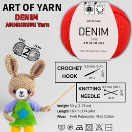 Art of Yarn Denim 55% Cotton,45% Poliacrylic, 2 Skeins Total 100gr (3,52 oz),320m (3,48 yds),Soft & Smooth Yarn Sport – Fine(2) for Crocheting, Knitting, Amigurumi, Baby Blankets, Baby Garments 99926