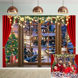 Christmas Winter Backdrop Xmas Tree Santa Claus Retro Window Photography Background Christmas Banner Family Holiday Birthday Party Decoration 8x6FT