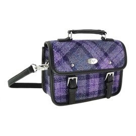 Ladies Mini Satchel Bag - Harris Tweed Scottish wool Handbag with Detachable Strap - Highlands Tartans - Purple check Bag for Women - Mothers day, Wedding Gift