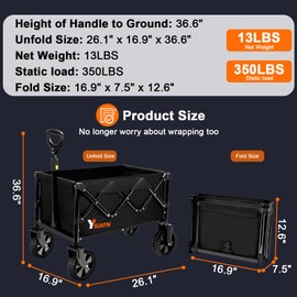 YSIATN Collapsible Wagon with All Terrain Wheels, Large Grocery Cart On Wheels, 220LBS Utility Folding Wagon for Camping Shopping Beach Sports Fishing, Black