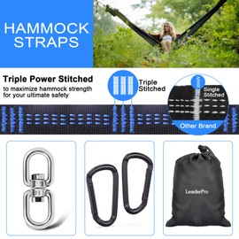 LeaderPro 10 Feet Hammock Straps (2 Pack), 3 m x 2.5 cm, Max bearing 400 kg, Camping Hammock Accessories Suspension System, with 2 Hook Carabiners, One Hanging Chair Hook, Carrying Bag, Blue