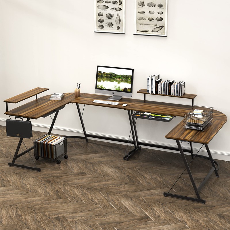 SHW Vista L-Shape Desk with Monitor Stand, Walnut