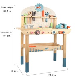 Wooden Power Tool Workbench for Kids, Building Tools Sets Pretend Play Toys - Construction Workbench with Wrench, Screwdriver, Miter Saw and Hammer - Educational Gift for Toddlers Age 3 and Up