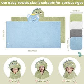 6 PCS Baby Bath Towels Set for Infants Toddlers, 2 PCS Thick Animal Hooded Baby Towels Large Size & 4 PCS Washcloths, Ultra Absorbent Soft Newborn Gift for Boys Girls, 27.5" x 55", Dinosaur & Elephant