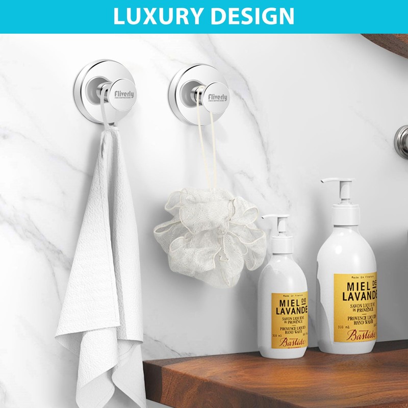 Fliverly 2pcs Suction Cup Hooks for Shower,Inside Shower,Wall,Bathroom,Bedroom,Kitchen,Door,Glass Window, Mirror,