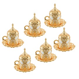 Fancy Turkish Coffee Cup Set of 6 with Floral Motif | Gold Espresso Cups for Turkish Arabic, Greek Coffee | Espresso Cups | 24 Pieces Coffee Cup Set with Saucers, Lids, and Cup Holders (Gold), 2 Oz