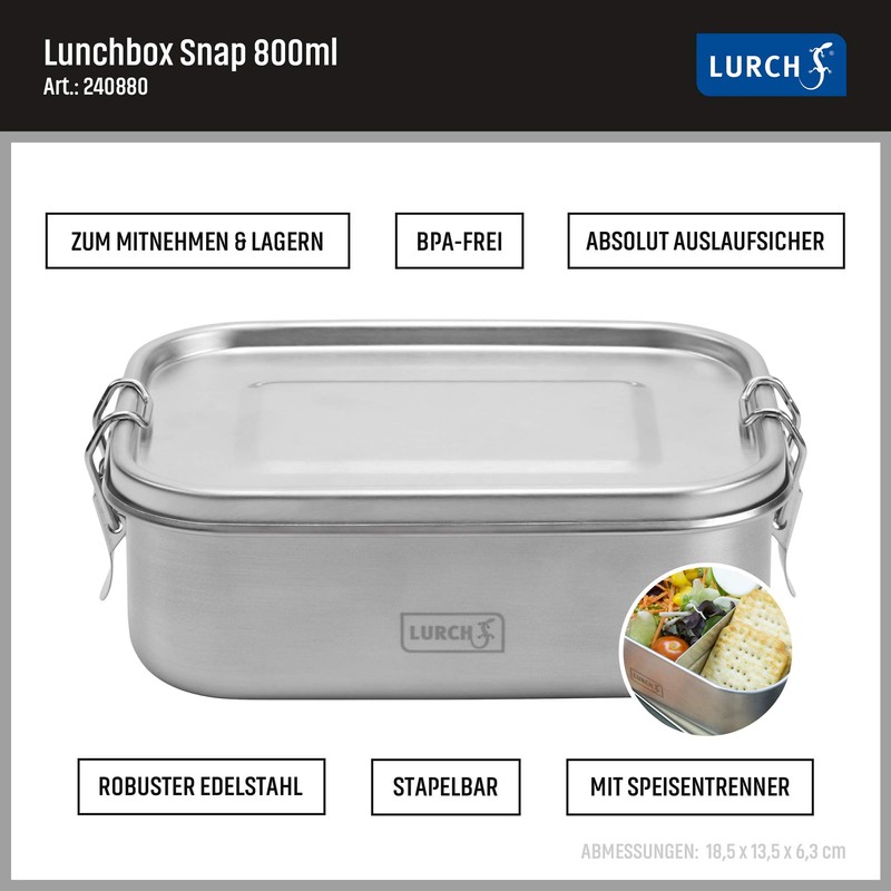 Lurch Snap 240880 Lunch Box Stainless Steel 100% Leak-Proof 800