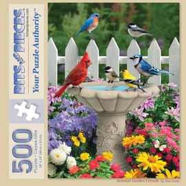Bits and Pieces - 500 Piece Jigsaw Puzzle for Adults 18" x 24" - Summer Garden Friends - 500 pc Bird Bath Flower Fence Yard Outdoor Animal Jigsaw by Artist Alan Giana
