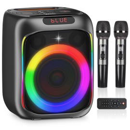 Karaoke Machine with 2 Wireless Microphones, 80W Portable Bluetooth Speaker, Party Speaker with LED Colorful Lights TWS Pairing, Karaoke Speaker Supports for Mic Input,USB,AUX,TF Card