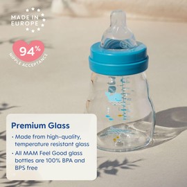 MAM Premium Glass Baby Bottles, Easy Switch Between Breast and Bottle, Feel Good Slow Flow, Newborn Essentials Must Have, 0+ Months, BPA Free, 6oz, Boy, 3 Pack