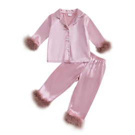 MAINESAKA Toddler Baby Girl Satin Pajamas Set Feather Trim Long Sleeve Button Down Tops Long Pants 2Pcs Pjs Sleepwear Outfits (A-Pink, 12-18 Months)